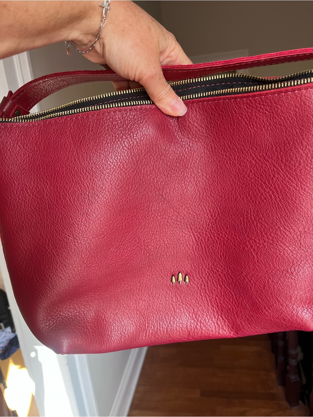 Portland Leather Red Shoulder Tote with Gold Accents